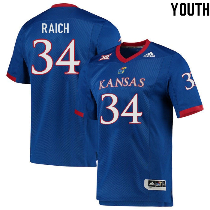 Youth #34 Alex Raich Kansas Jayhawks College Football Jerseys Stitched Sale-Royal - Click Image to Close